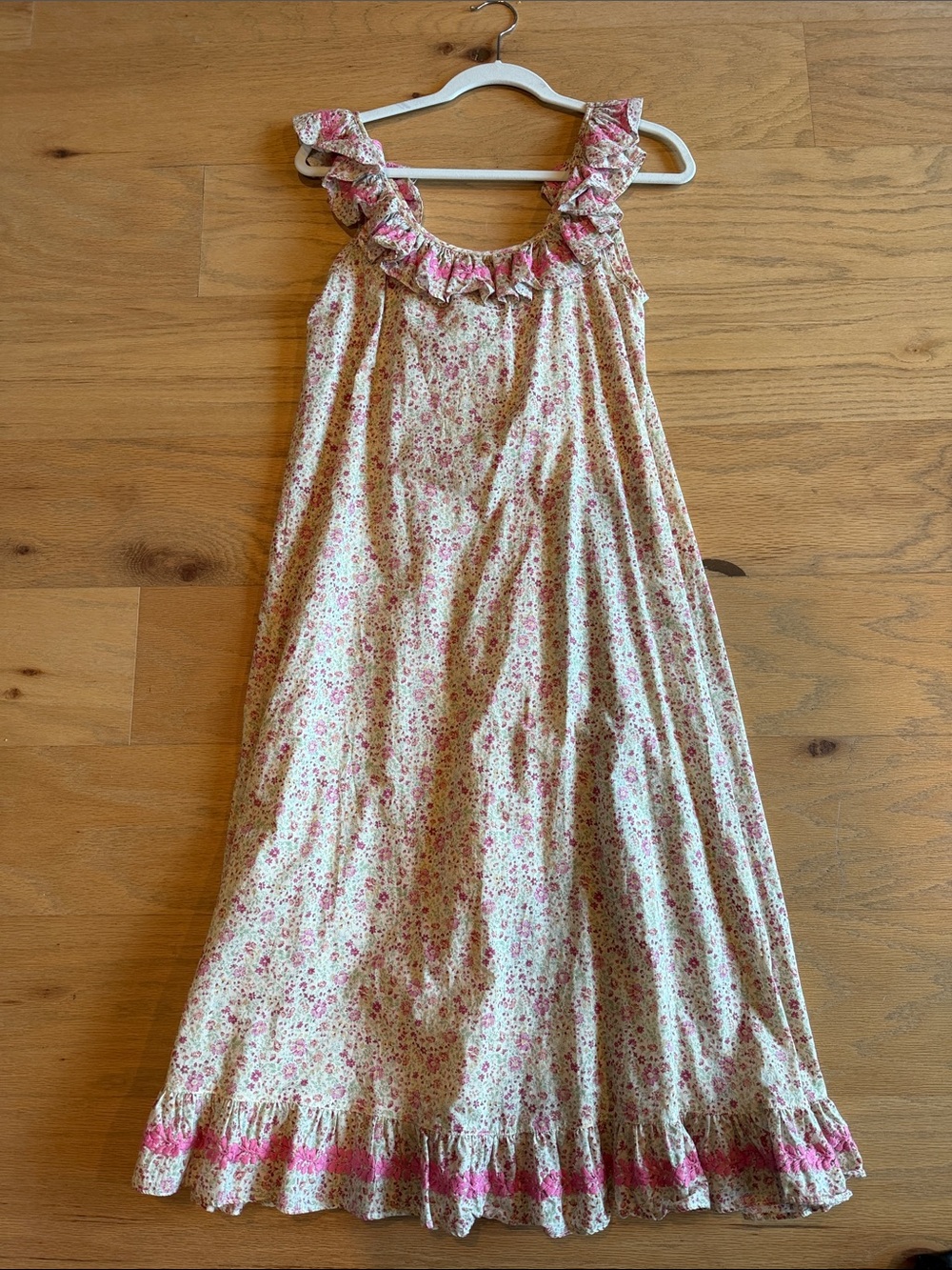 Mi Golondrina Cream Dress with Pink Floral Print and Ruffle Trim